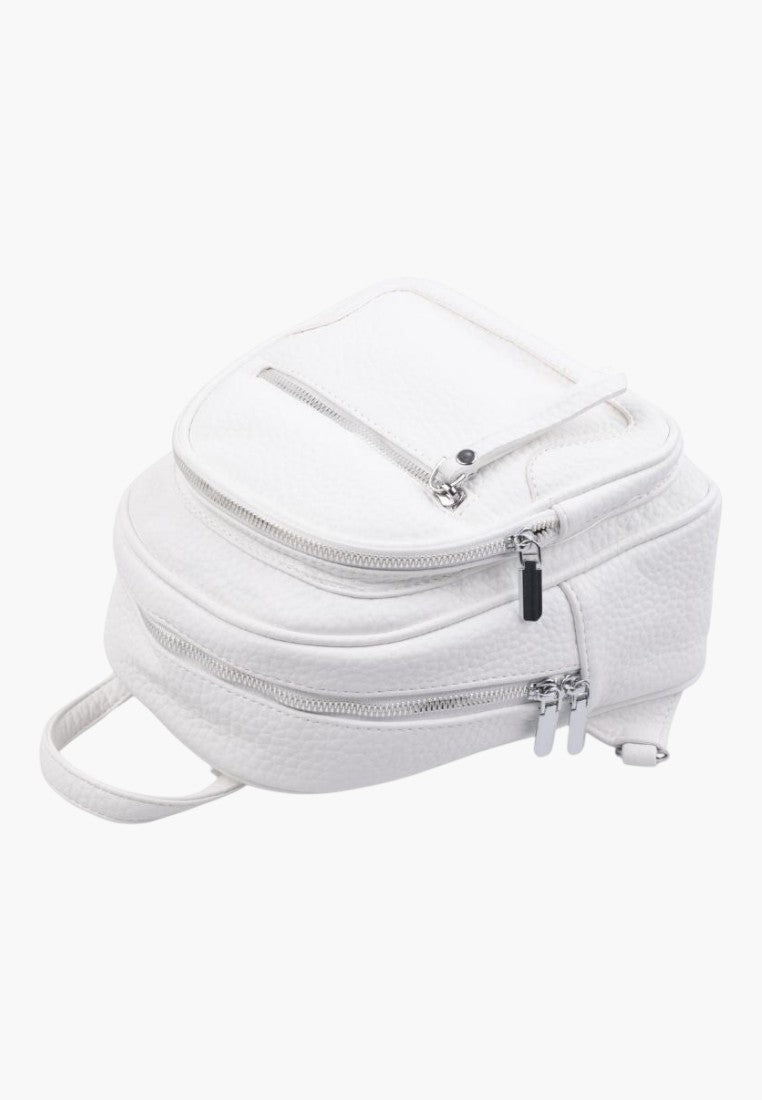 Falio small white faux leather urban backpack with multiple zippered compartments and a textured finish