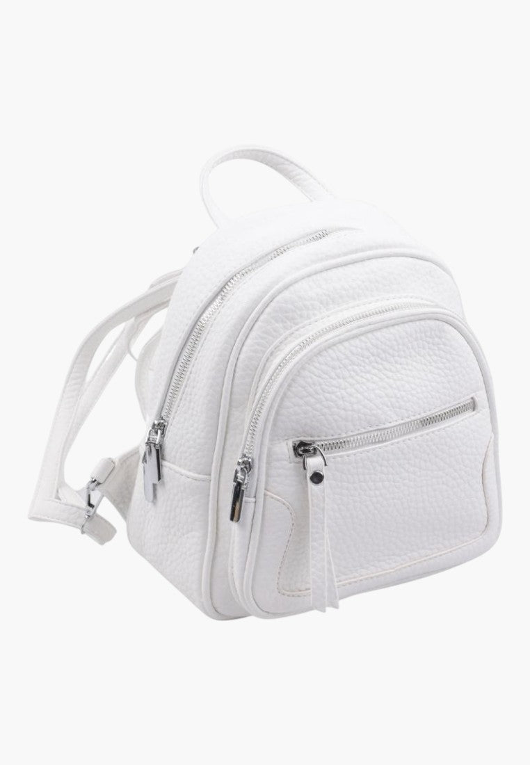 Falio small white faux leather urban backpack with multiple zippered pockets and a textured finish