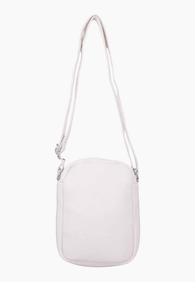 Falio small white faux leather crossbody bag with a long adjustable shoulder strap and a classic urban design