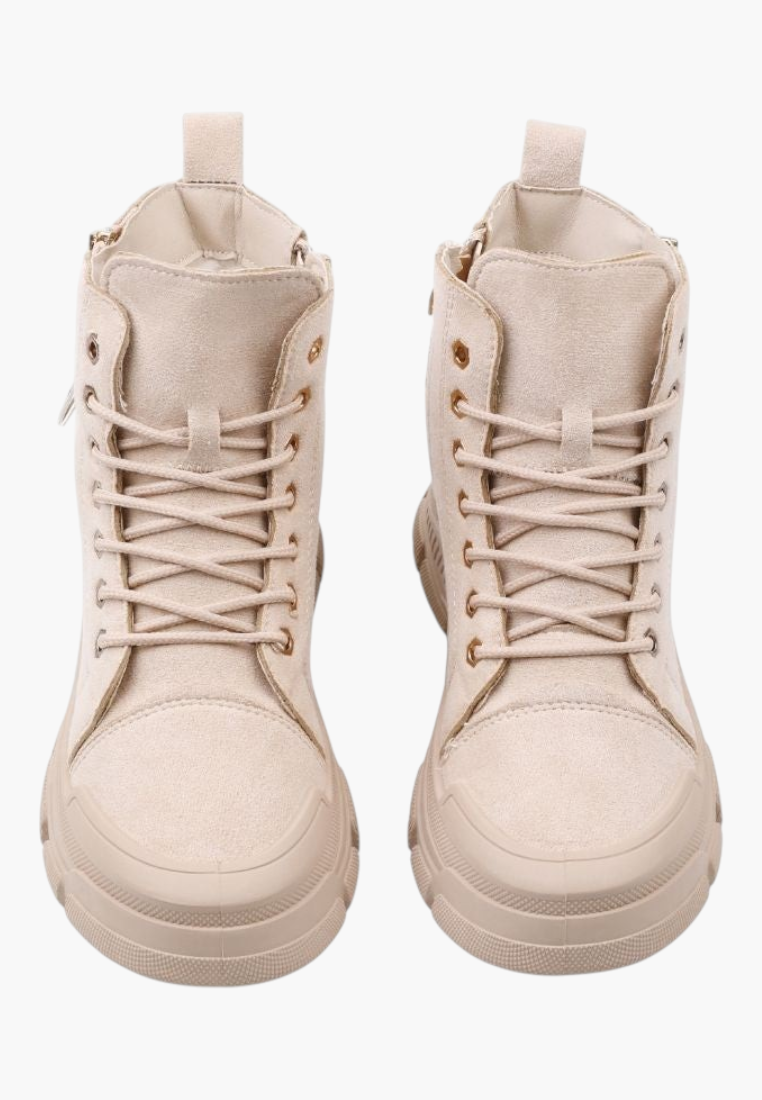 Falio Sofilde beige faux suede lace-up ankle boots with thick lug soles and side zipper closure