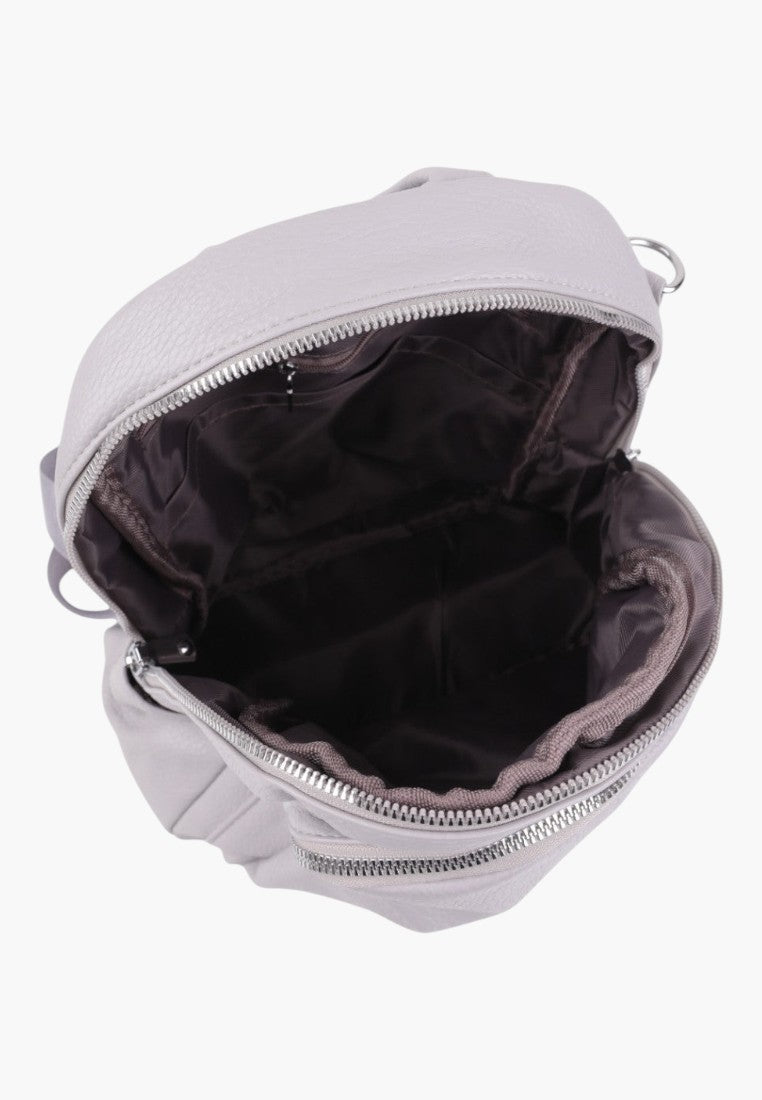 Falio stone grey urban women's backpack with an open main compartment and silver zipper details