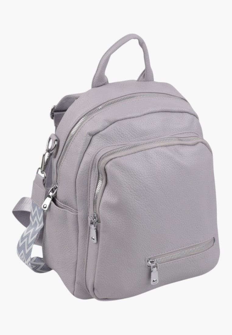 Falio stone grey urban women's backpack with silver zippers and patterned adjustable shoulder straps