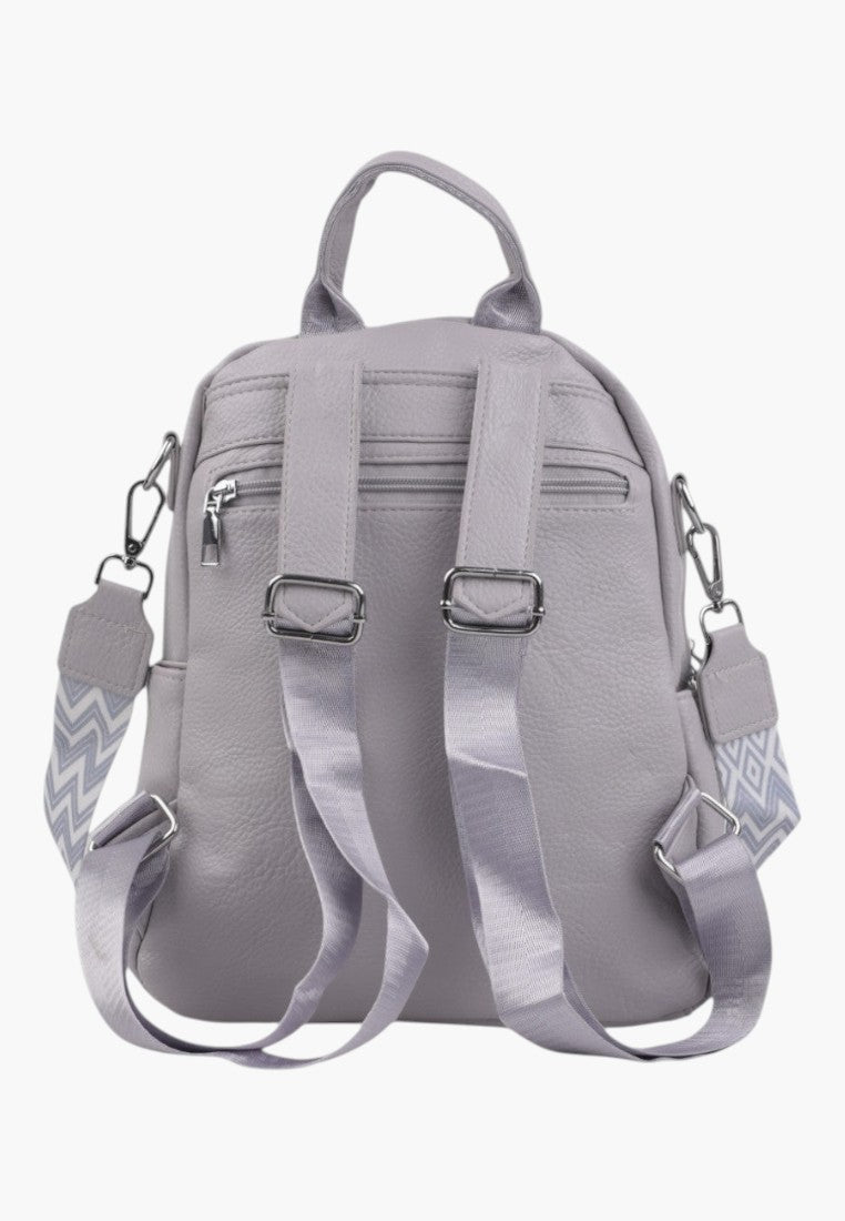 Falio stone grey urban women's backpack with adjustable straps and patterned side accents, back view