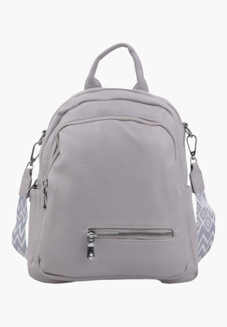 Falio stone grey urban women's backpack with a textured finish, front zipper pocket, and patterned shoulder straps.