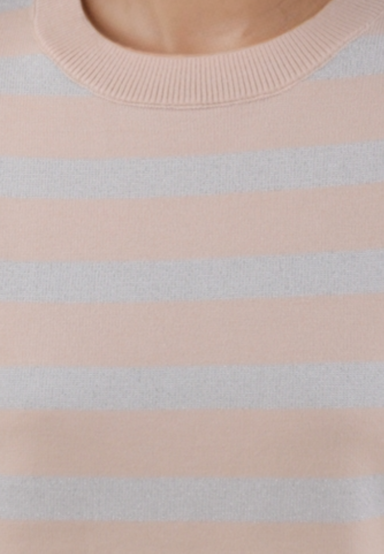 Falio beige and light grey striped pullover sweater with a classic round neckline and soft knit texture.