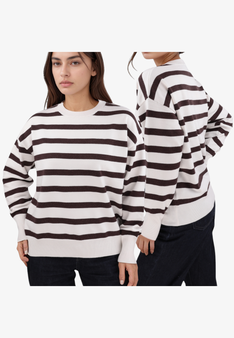 Falio women's long-sleeve sweater in brown and white stripes with a round neckline, made from a soft viscose blend.