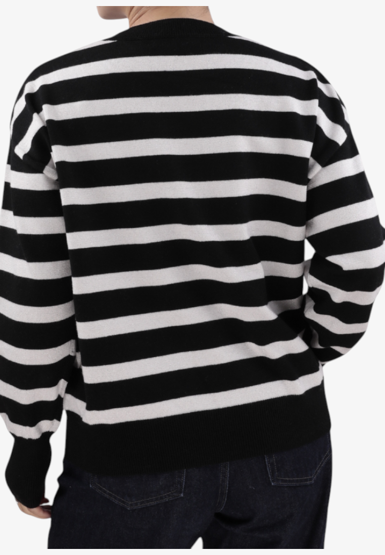 Falio women's black and white striped regular fit sweater with round neck and long sleeves, back view