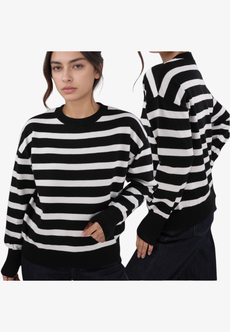 Falio women's black and white striped viscose blend sweater with a round neckline and long sleeves.