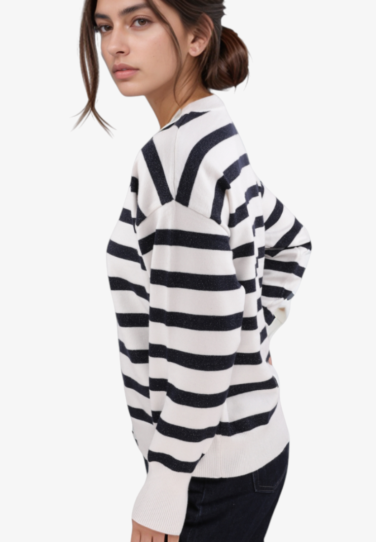 Falio women's white and black striped long-sleeve viscose sweater worn by a model against a plain background