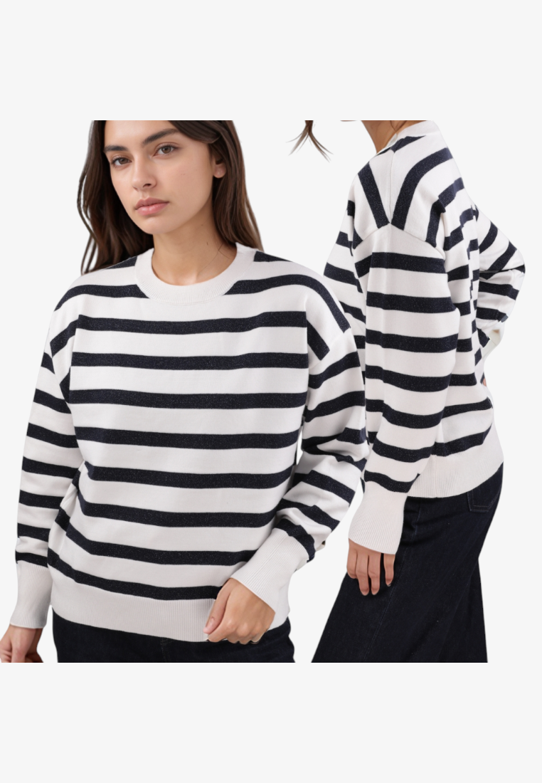 Falio women's white and black striped viscose sweater with a round neckline and long sleeves worn by a model