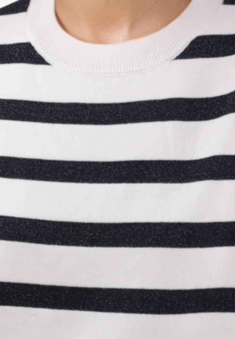 Falio women's white and black striped viscose blend sweater with a classic round neckline and long sleeves.