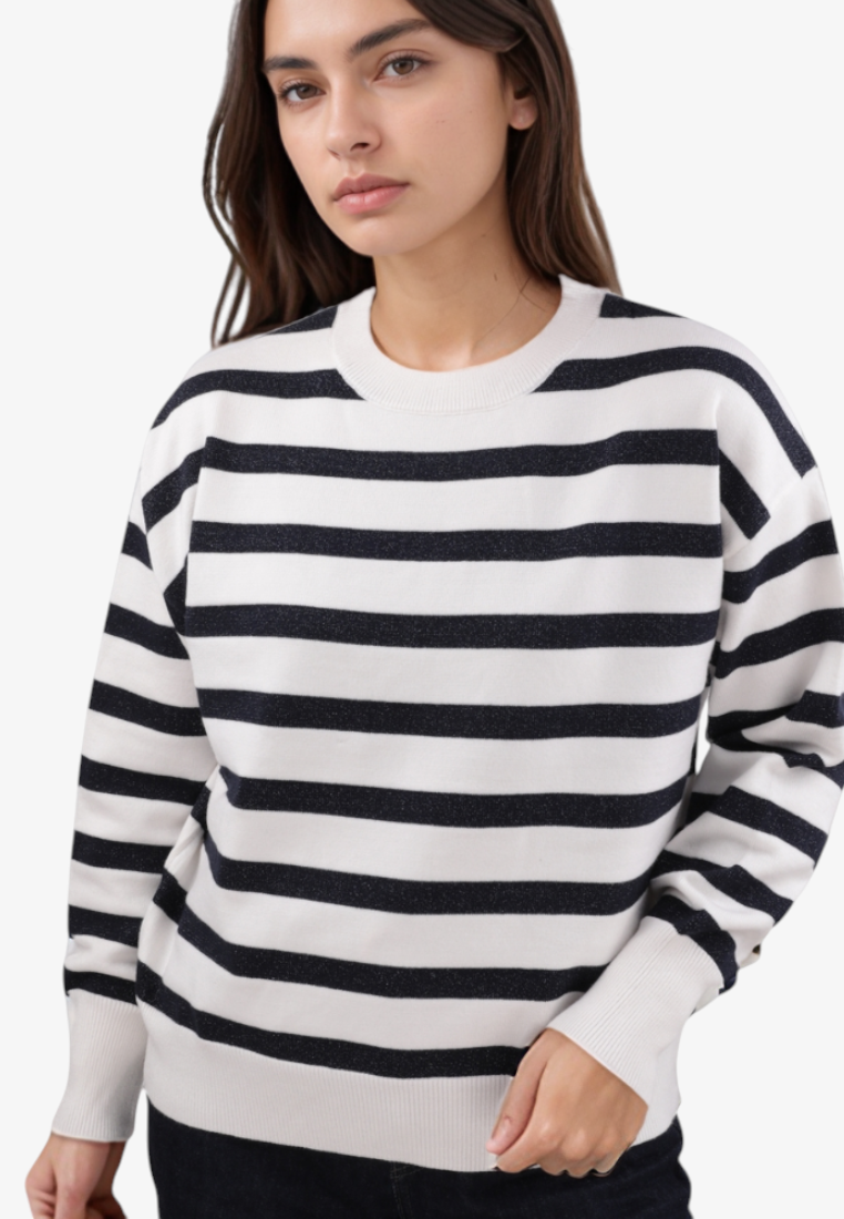 Falio women's white and black striped viscose sweater with a round neckline and long sleeves worn by a model