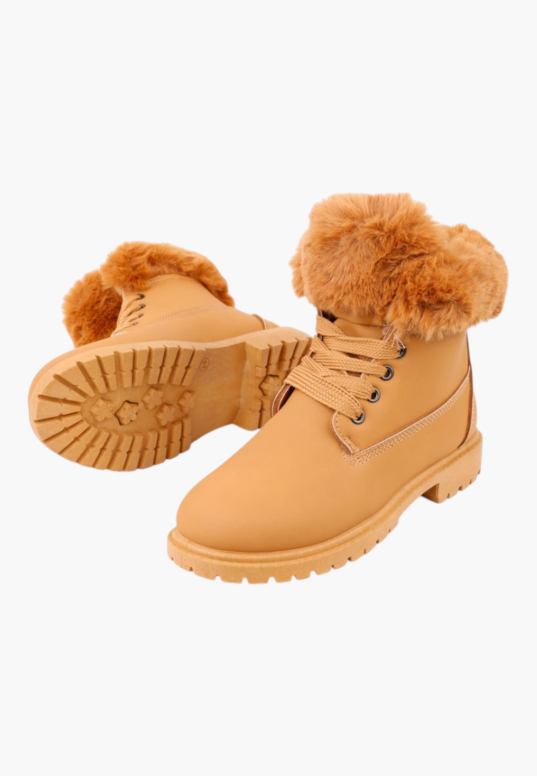 Falio tan synthetic nubuck lace-up ankle boots with faux fur trim and flat lug soles for winter comfort.