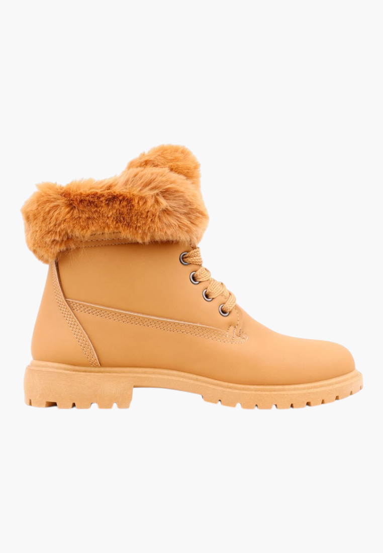 Falio women's tan synthetic nubuck lace-up ankle boots with faux fur trim and flat lug sole