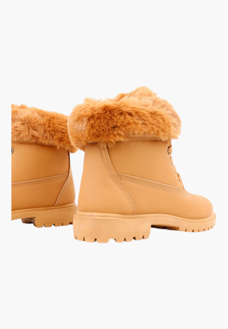 Falio tan synthetic nubuck ankle boots with faux fur trim and flat lug soles, back view.