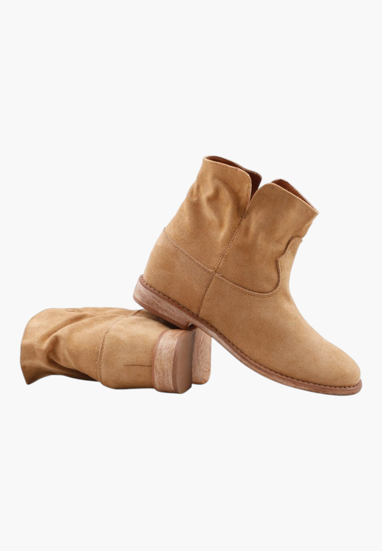 Falio tan faux suede ankle boots with a hidden wedge heel and western-inspired design