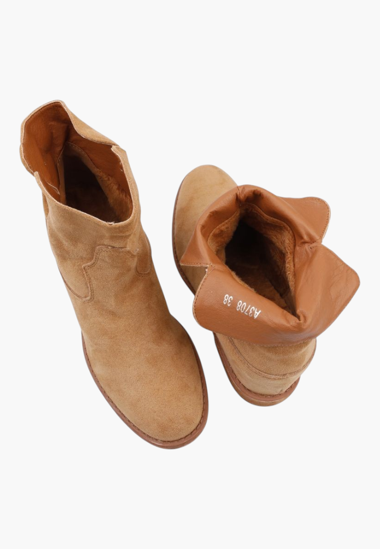 Falio tan faux suede ankle boots with hidden wedge heel and soft lining, styled with a western-inspired silhouette.