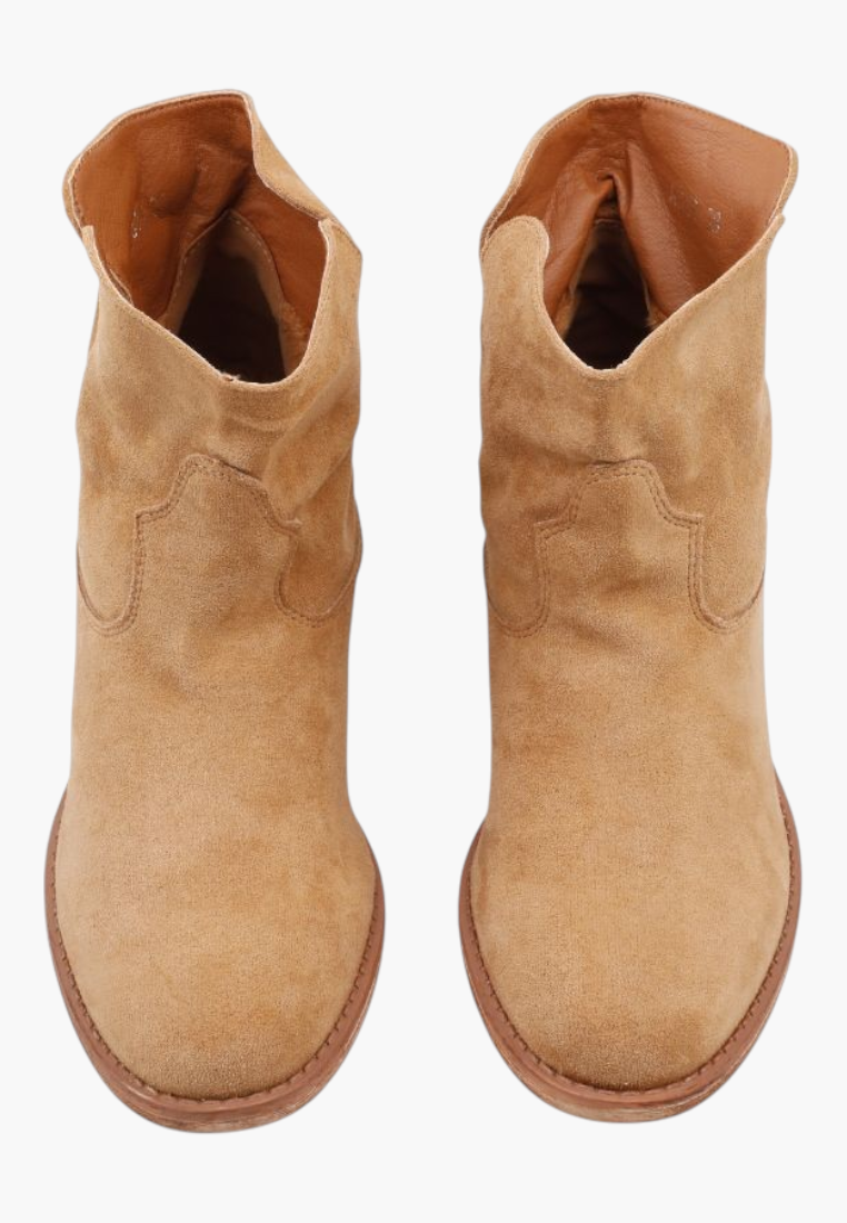 Falio women's tan faux suede ankle boots with a hidden wedge and western-inspired design