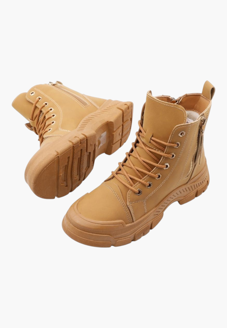 Falio tan synthetic nubuck lace-up ankle boots with thick lug soles and side zippers for a rugged winter style.