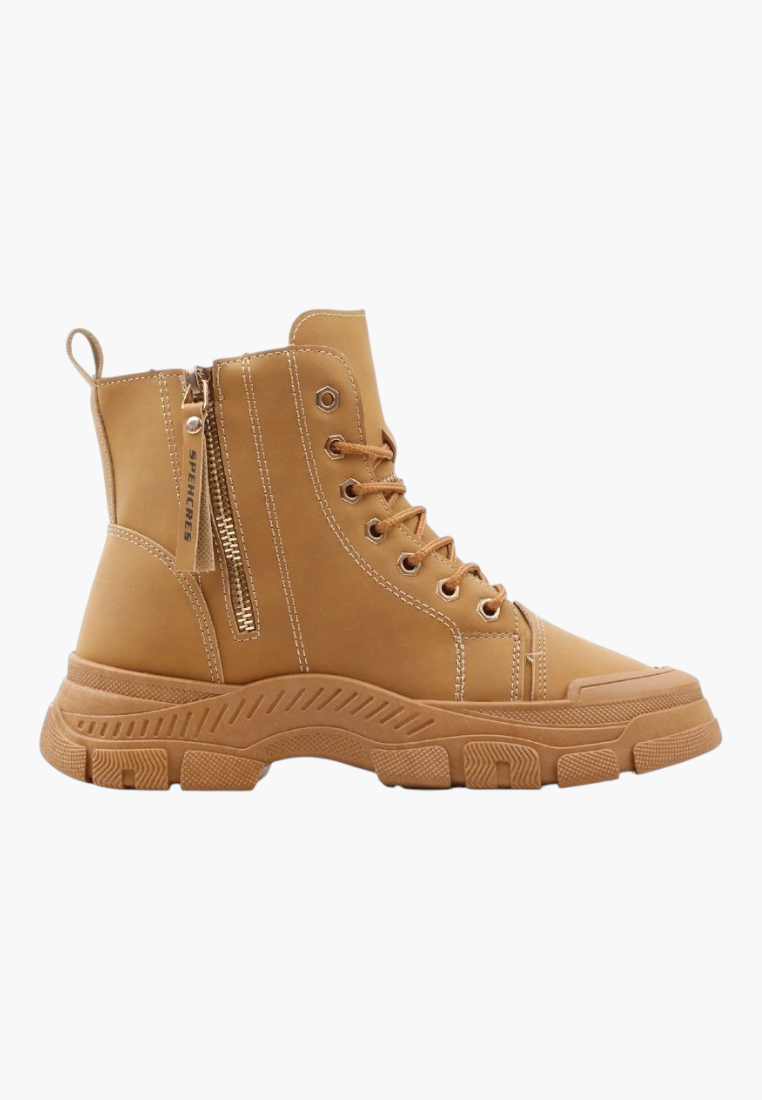 Falio tan synthetic nubuck lace-up ankle boots with a chunky tread sole and side zipper detail