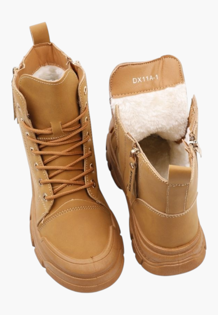 Falio tan synthetic nubuck lace-up ankle boots with thick tread soles and warm faux fur lining