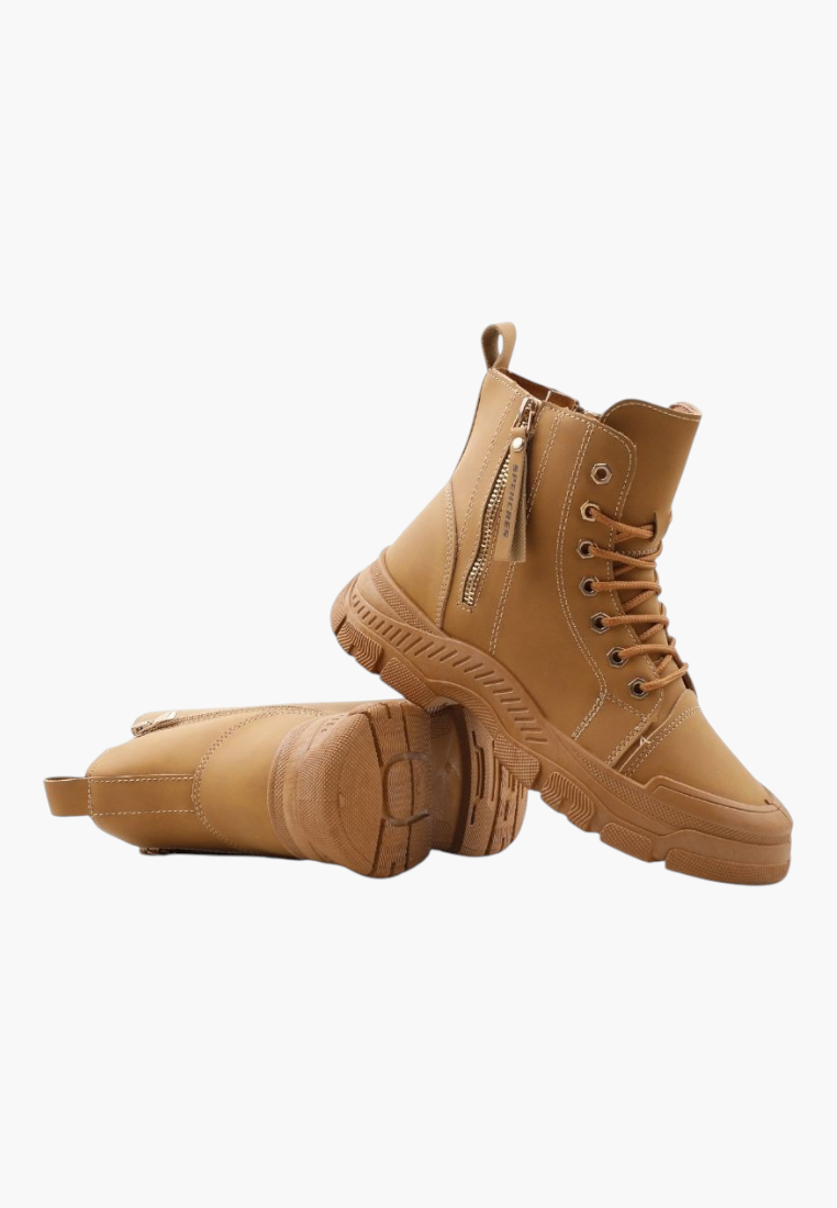 Falio tan synthetic nubuck lace-up ankle boots with a chunky tread sole and side zipper detail
