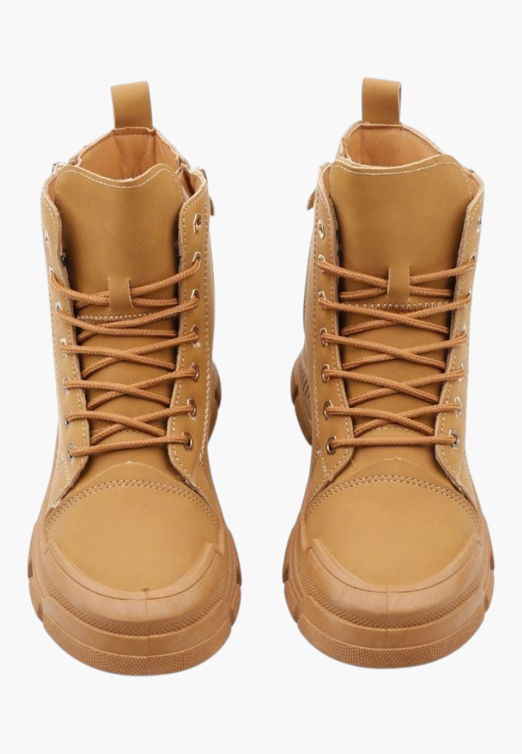 Falio tan synthetic nubuck lace-up ankle boots with round toes and thick lug soles for a rugged style.