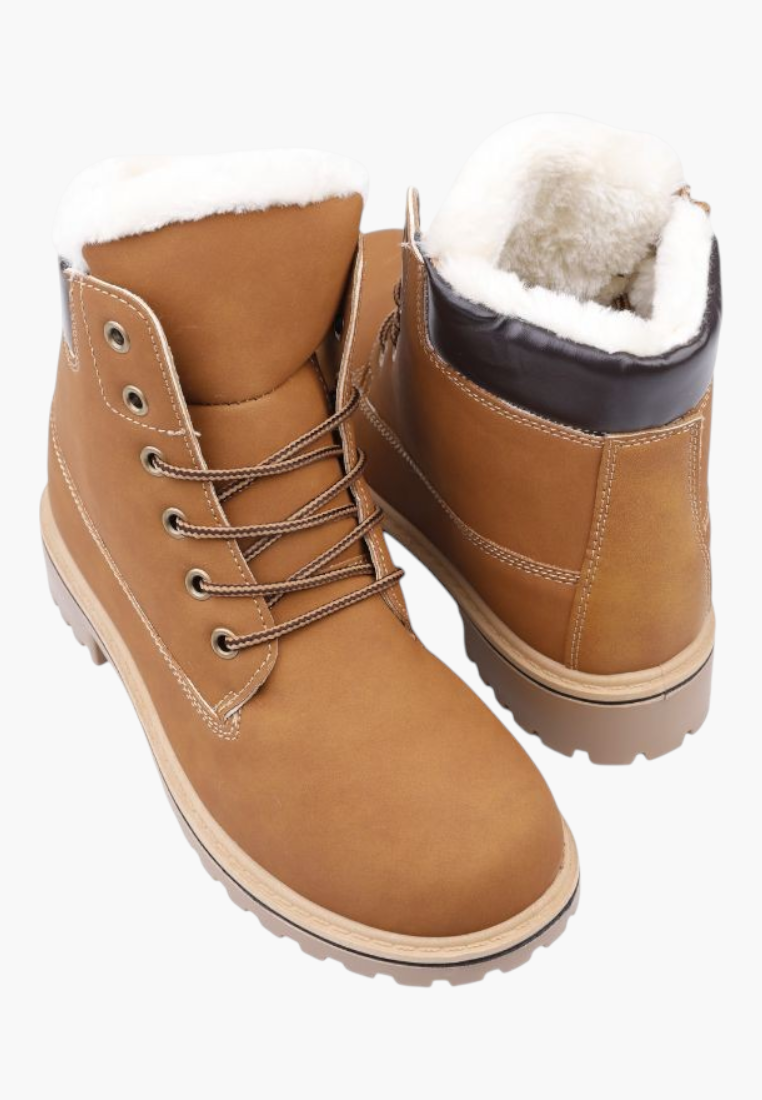 Falio women's tan synthetic nubuck winter boots with faux fur lining, lace-up front, and thick lug sole.