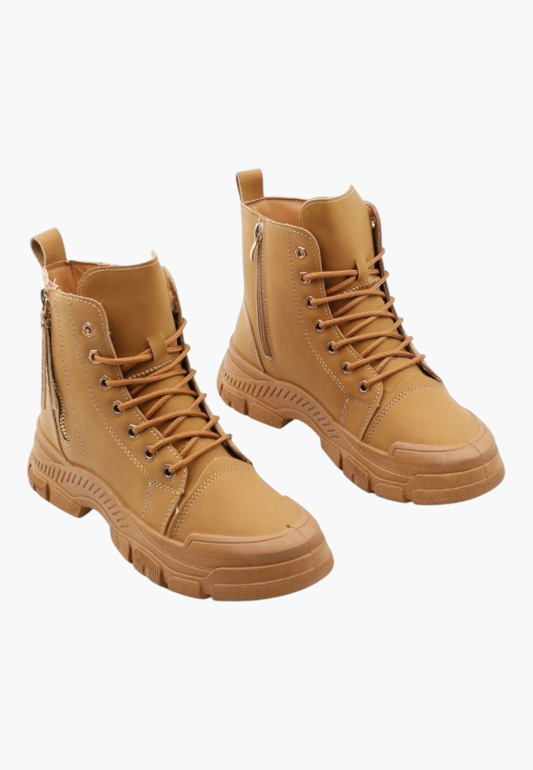 Falio tan synthetic nubuck lace-up ankle boots with thick lug soles and side zippers