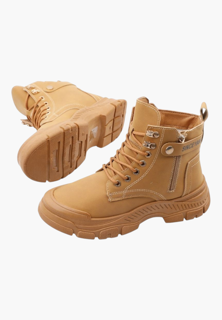 Falio tan synthetic nubuck lace-up ankle boots with thick lug soles and side zipper detail