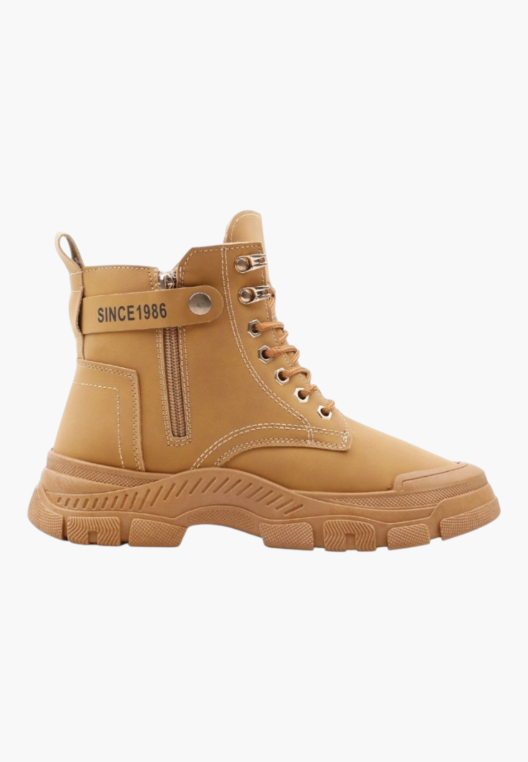 Falio tan synthetic nubuck lace-up ankle boots with thick lug soles and side zipper detail