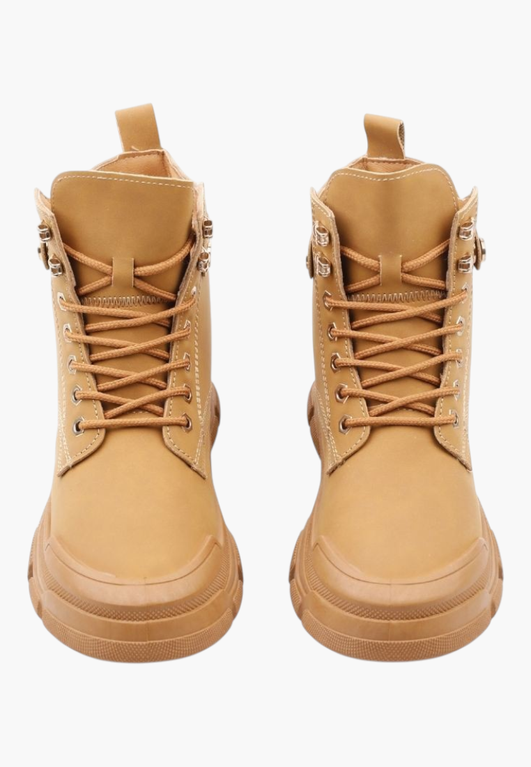 Falio tan synthetic nubuck lace-up ankle boots with thick lug soles and round toes