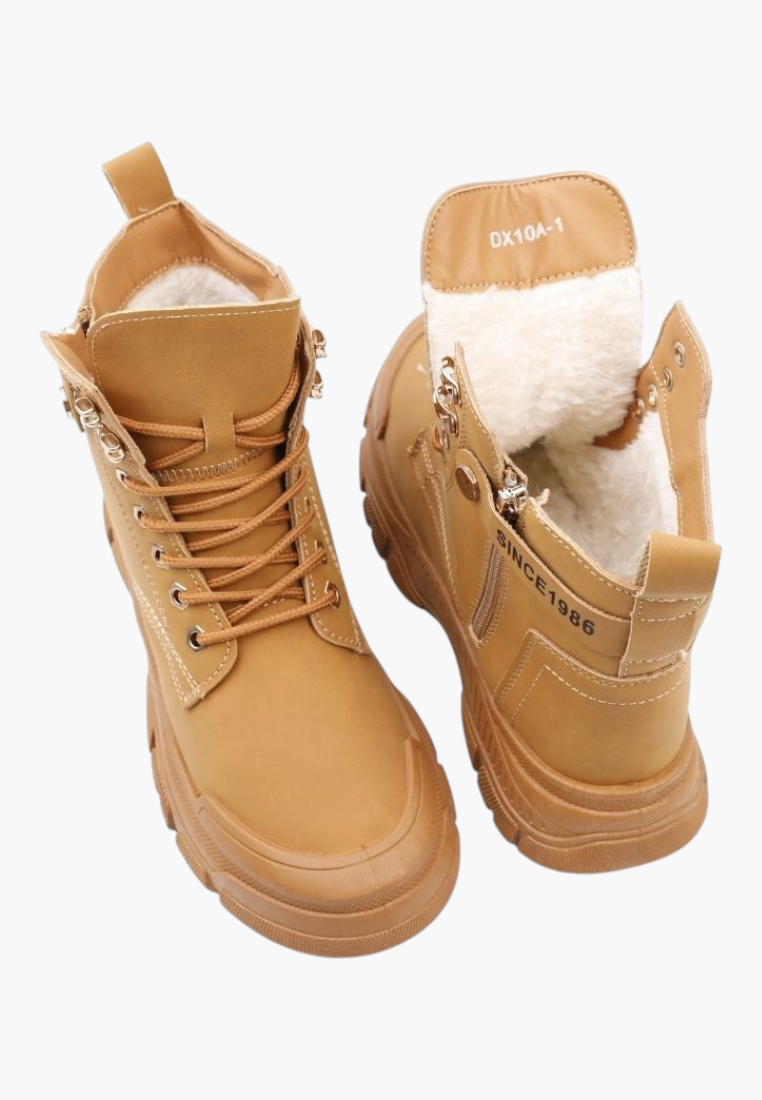 Falio tan synthetic nubuck lace-up ankle boots with thick lug soles and warm faux fur lining