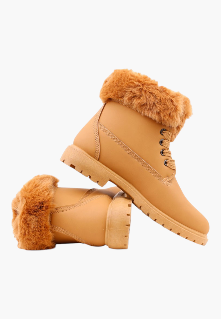 Falio tan synthetic nubuck lace-up ankle boots with faux fur trim and flat heel for women