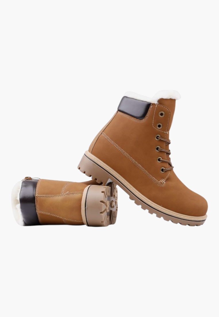 Falio women's tan synthetic nubuck winter boots with faux fur lining, lace-up front, and thick lug sole.