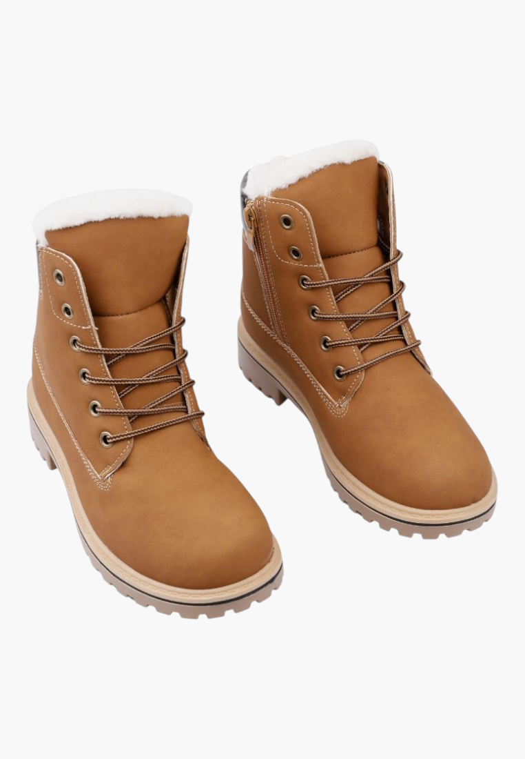 Falio women's tan synthetic nubuck winter boots with faux fur lining, lace-up front, and thick lug sole.