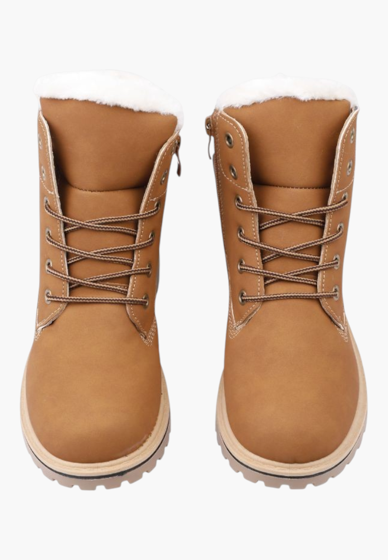 Falio women's tan synthetic nubuck winter boots with faux fur lining, lace-up front, and thick lug soles.