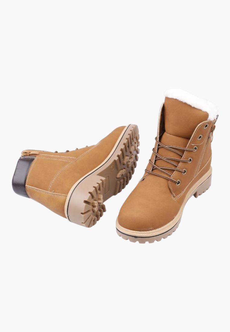 Falio women's tan synthetic nubuck winter boots with faux fur lining, lace-up front, side zipper, and lug sole.
