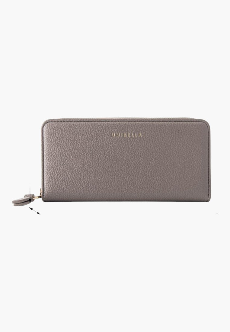 Falio horizontal women's wallet in taupe faux leather with a secure zip closure and gold branding detail