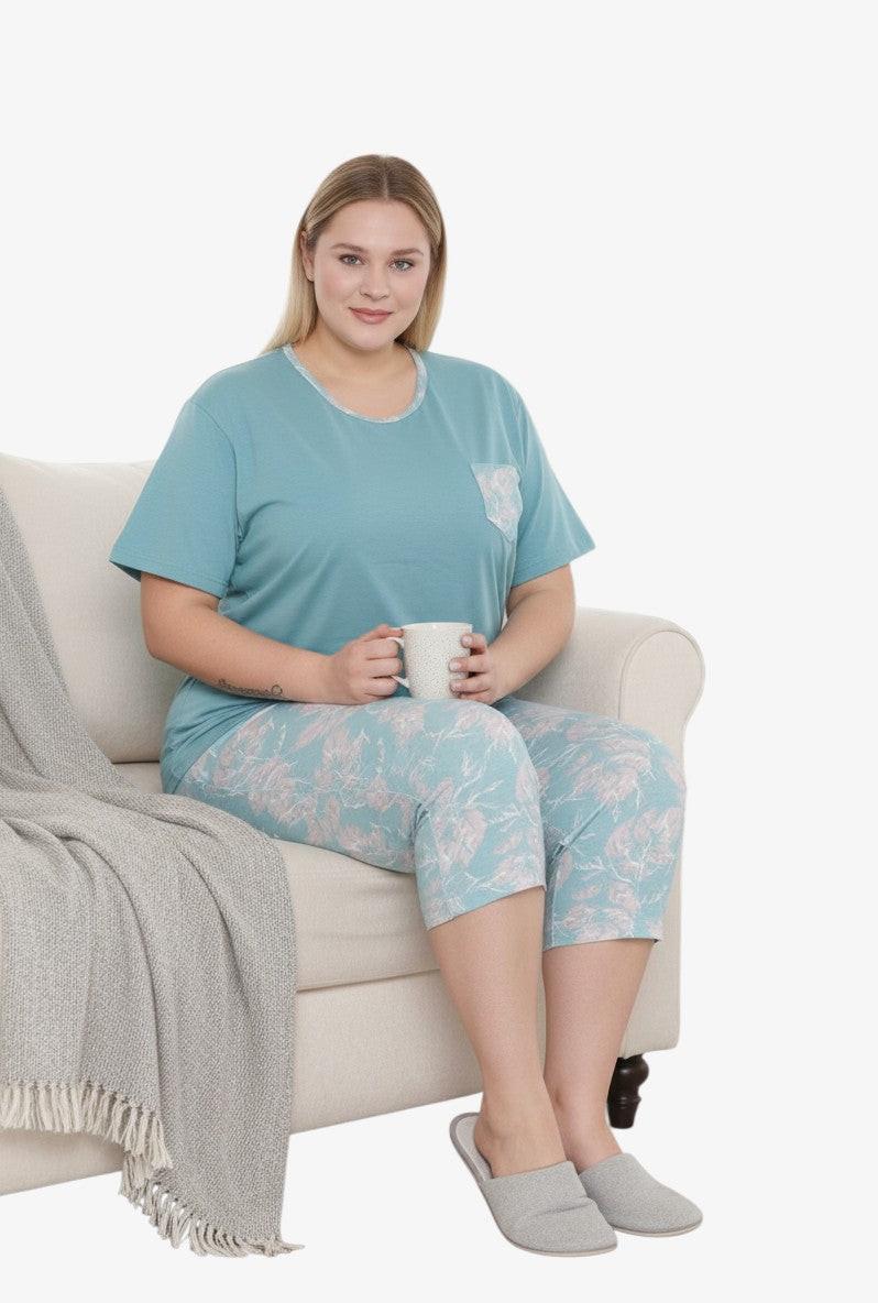 Falio plus size women's teal cotton pajama set with a floral print on the capri pants and a chest pocket.