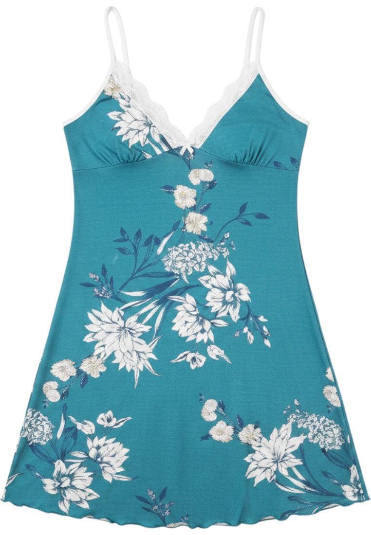 Falio teal floral print slip nightgown with white lace trim and adjustable straps.
