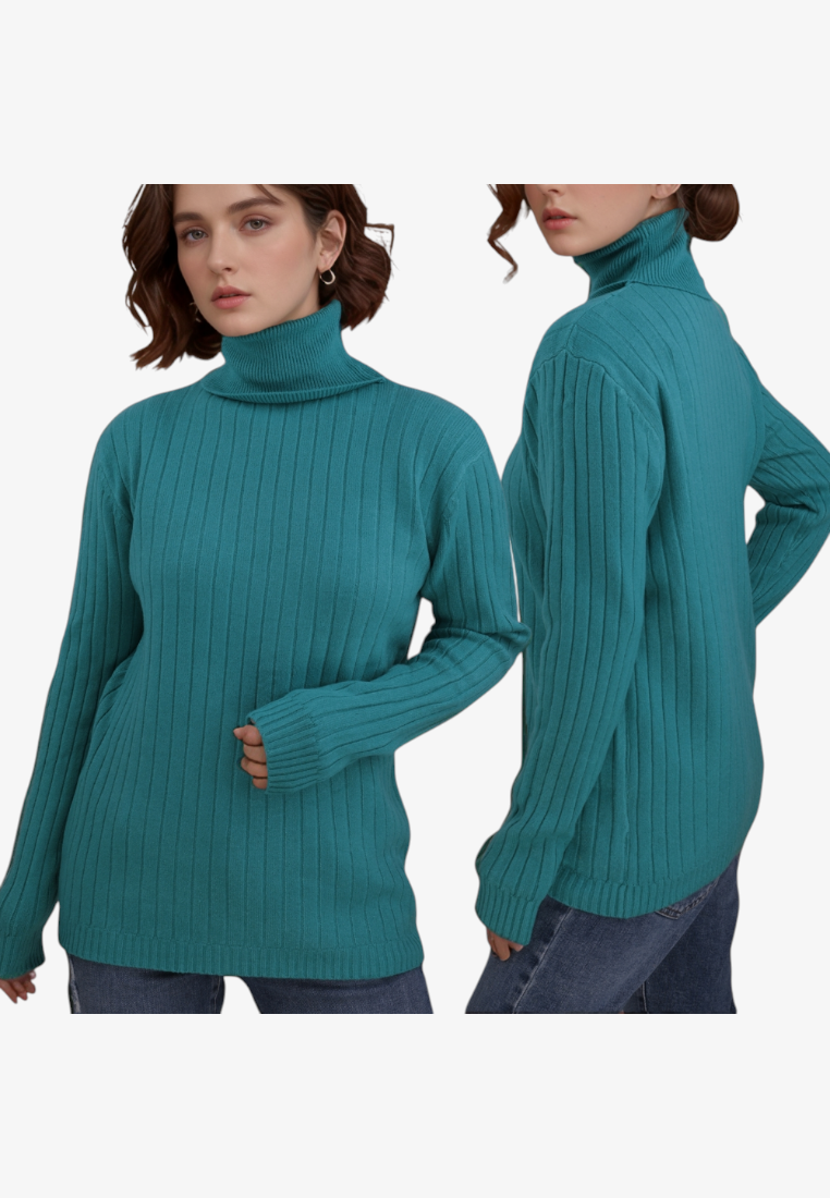 Falio teal ribbed turtleneck sweater made of wool and cashmere blend worn by a model, front and side view.