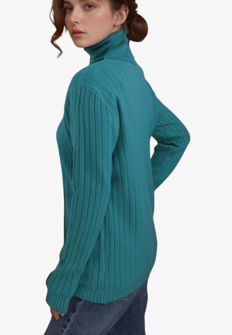 Falio teal ribbed turtleneck sweater made of wool and cashmere blend worn by a woman, side view