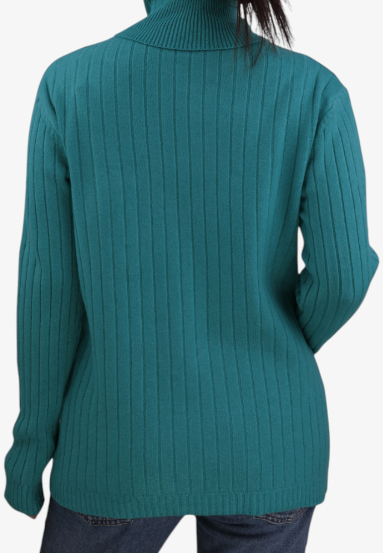 Falio teal ribbed turtleneck sweater made of wool and cashmere blend, back view on a model