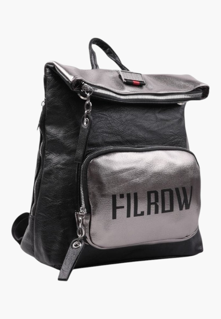 Falio urban backpack in black and metallic silver faux leather with a spacious A4 compartment and front pocket