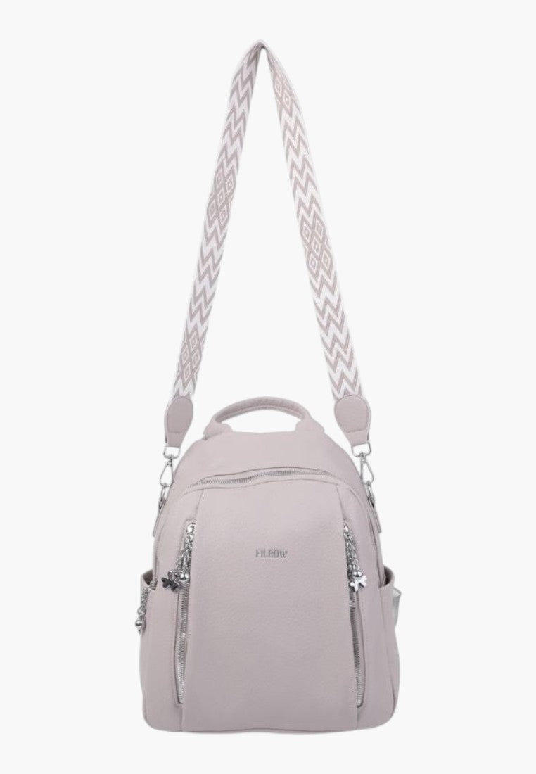 Falio urban women's backpack in light grey faux leather with a patterned shoulder strap and multiple zip pockets