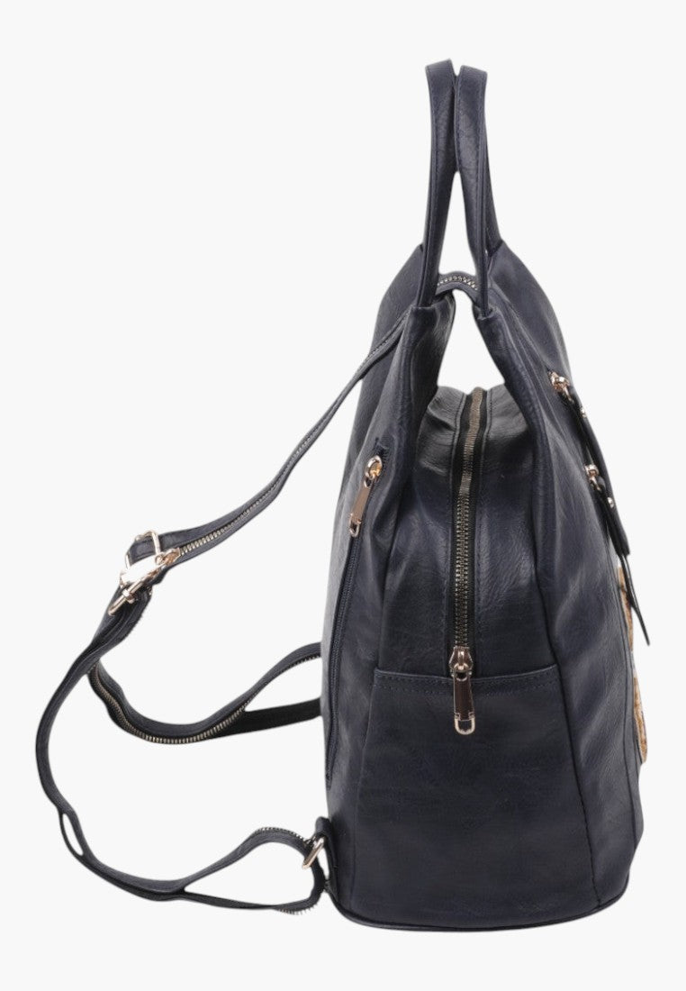 Falio stylish urban women's backpack in dark faux leather with multiple zippered pockets and adjustable straps