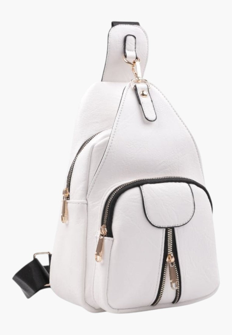 Falio white urban sling backpack made of eco-leather with multiple zippered pockets and black strap details