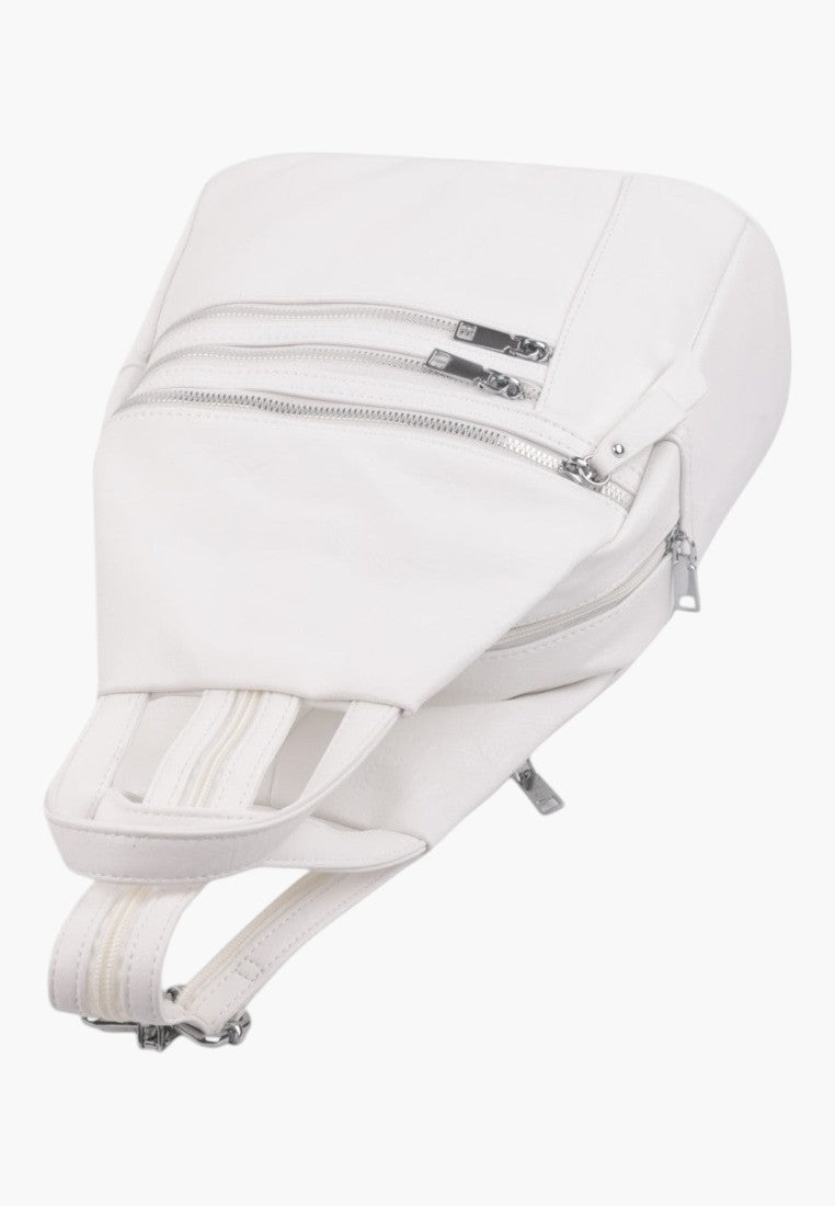Falio white urban backpack made of eco-leather with multiple zippered pockets and silver hardware