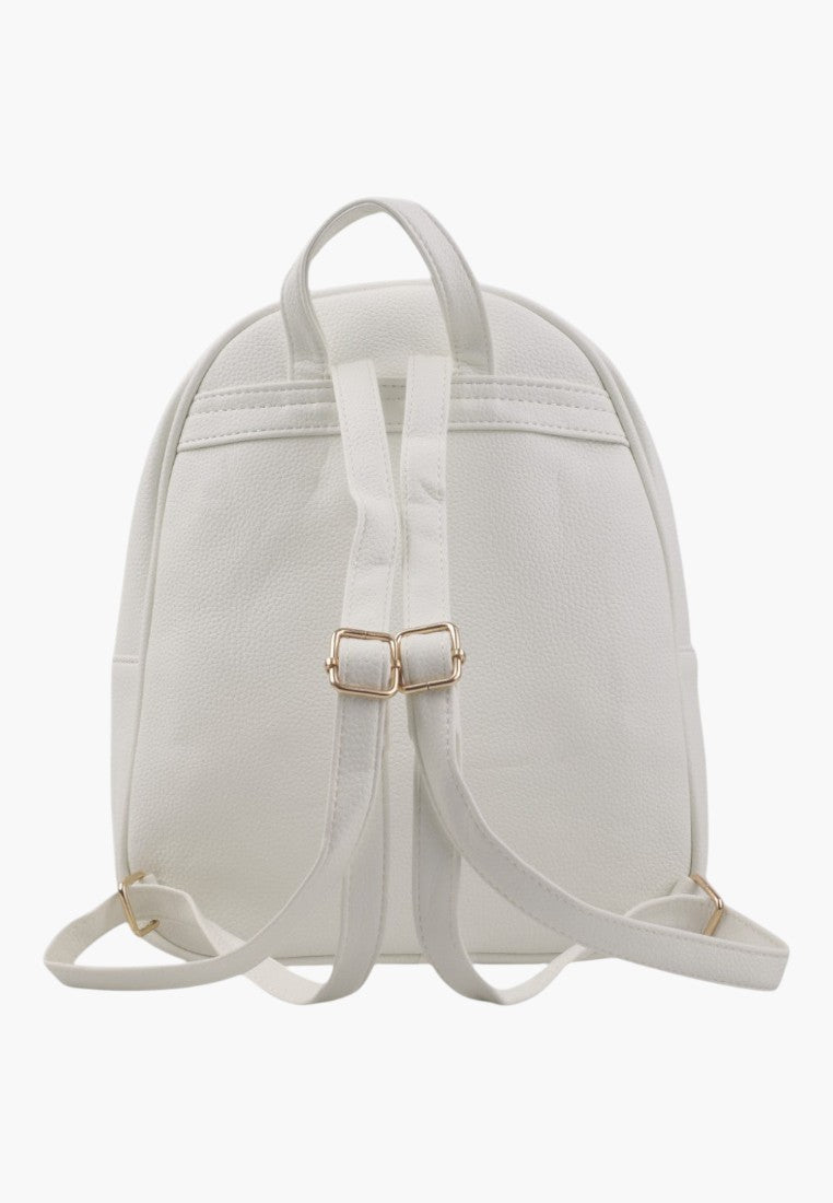 Falio white urban backpack made of eco-leather with adjustable straps and gold-tone hardware, back view.